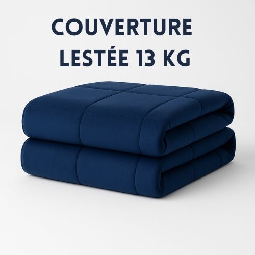 Couverture lestée 13 kg bleu pliée sur un fond blanc Image