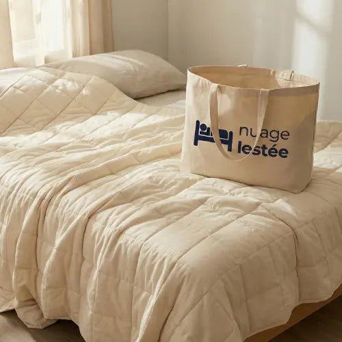 Couverture lestée couleur crème dépliée sur un lit Image