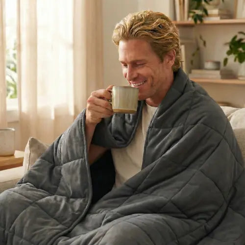 Homme qui boit du thé avec une couverture lestée grise Image