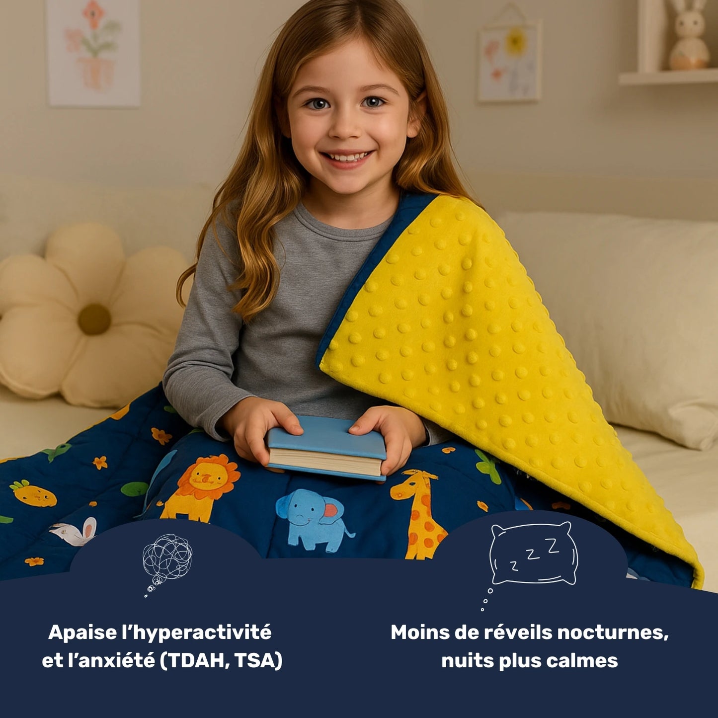 Petite fille avec une couverture lestée de 2 kg
