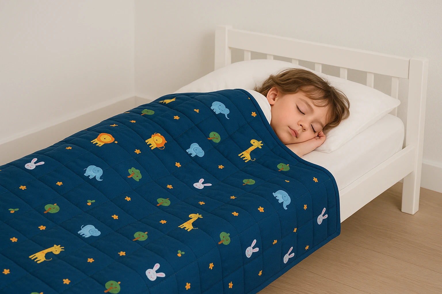 Enfant qui dors avec une couverture lestée de 3 kg Image